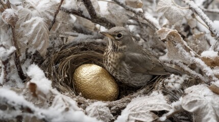 Obraz premium Bird in nest with golden egg among snowy branches winter scene