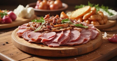 Obraz premium Traditional Asturian cachopo with onions and ham served on a wooden plate , savory filling , cured meats