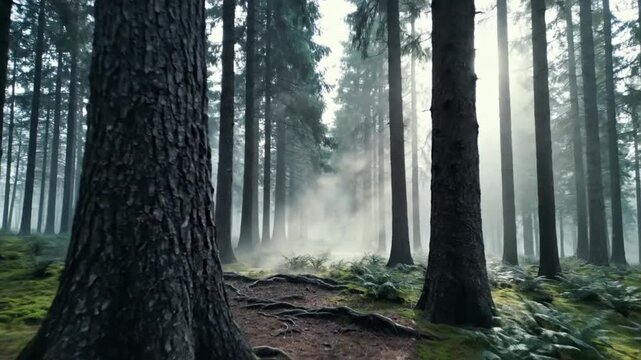 Misty forest scene with tall trees and a dirt path leading into the foggy distance, surrounded by green undergrowth and moss.