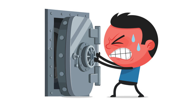 Cartoon man struggling to open a heavy vault door, symbolizing effort, security, and financial challenges