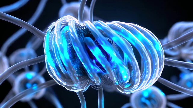 Interconnected molecular network of glowing nodes, filamentous links forming dynamic mesh, translucent spheres pulsing with bioluminescent blue light, conveys complexity of nanotechnology