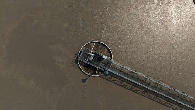 Aerial view wastewater treatment plant. Circular sedimentation tanks biological reactor, Water cleaning facility wastewater treatment plant, Recirculation solid contact clarifier sedimentation tank.