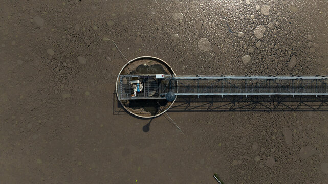 Aerial view wastewater treatment plant. Circular sedimentation tanks biological reactor, Water cleaning facility wastewater treatment plant, Recirculation solid contact clarifier sedimentation tank.