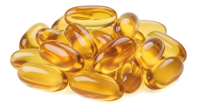Pile of Golden Yellow Omega-3 Fish Oil Capsules on White Background