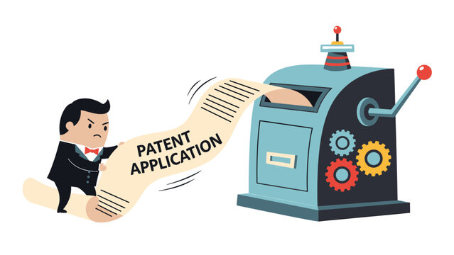 Businessman pulls lengthy patent application from machine. Intellectual property, innovation, legal process, invention concept.