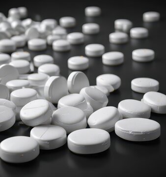 White medical pills or tablets on a black background, macro side view with empty space ,  medical supplies,  medical