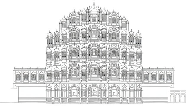 Intricate Indian Palace Facade Architectural Drawing for Travel Brochures, Heritage Tours, and Cultural Websites