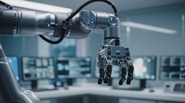 Industrial robot arm in modern laboratory setting with computer screens