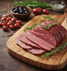 Fototapeta premium Wooden board with salami, olives, and rosemary , appetizer, olives