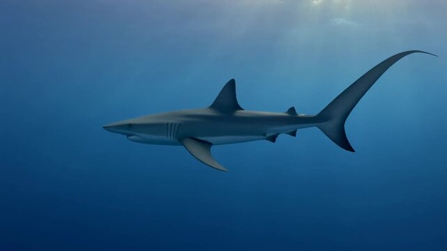 Thresher Shark With Long Tail Swimming in Ocean Depths