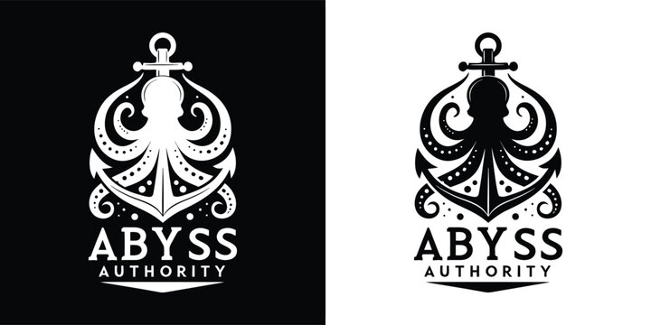 Nautical themed logo design prominently featuring an ornate octopus intertwined with a classic ship anchor illustrating deep sea power and authority