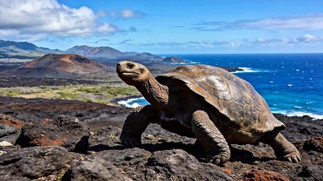Large tortoise on rocky terrain near ocean