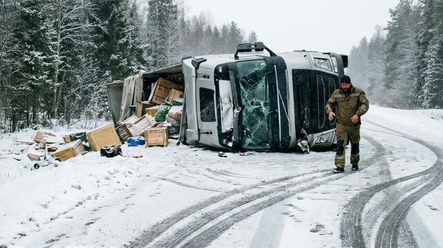 Man reacting to a truck accident on a snowy road with overturned vehicle and scattered cargo. Winter catastrophe scene development.