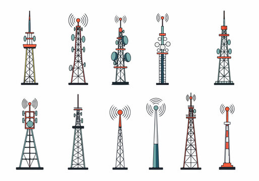 Diverse collection of communication towers and radio masts, illustrating wireless network technology and global connectivity in a flat design style.