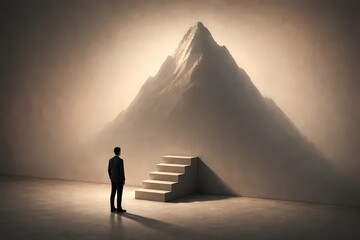 Person hesitating before small stairs casting a giant mountain shadow, symbolizing overthinking, fear of starting and analysis paralysis