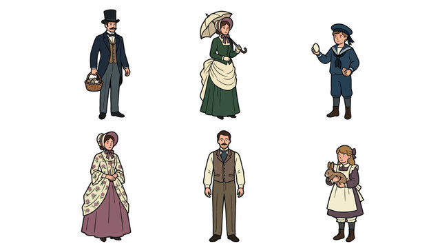 Victorian Era People Characters Illustration Set: Diverse Historical Men, Women, and Children in Period Attire