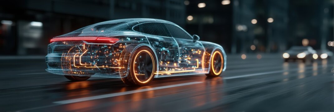 A futuristic digital car model with glowing circuit patterns drives on a city street at night, blending technology and automotive design.