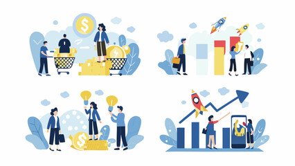 Business growth and financial success illustrated with cartoon people and icons