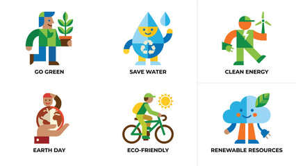 Obraz premium Flat design environmental concepts illustrations set: Go Green, Save Water, Clean Energy, Earth Day, Eco-Friendly, Renewable Resources