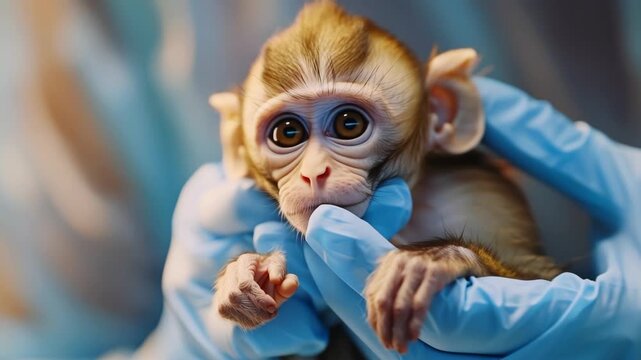 baby macaque held by gloved hands, closeup in clinical setting showing wide eyes, gentle handling by caregiver, sterile blue gloves, fragile limbs, tentative grasp, compassionate veterinary