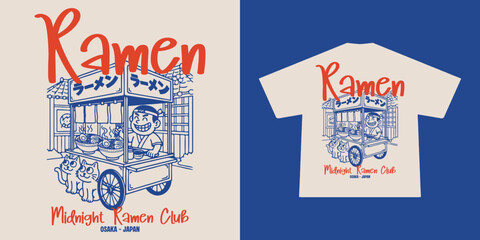 Cute Japanese ramen street food stall illustration featuring a traditional yatai booth with kawaii cartoon characters. Clean blue line art style with retro and minimal look, perfect for t-shirt prints © Therintproject