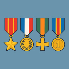 Top view of flat military medals with colorful ribbons, flat vector illustration