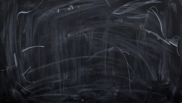 Traces of chalk create artistic patterns on the dark surface of a blackboard