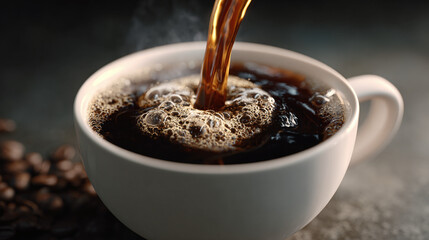 Freshly brewed black coffee being poured into a white cup, surrounded by coffee beans