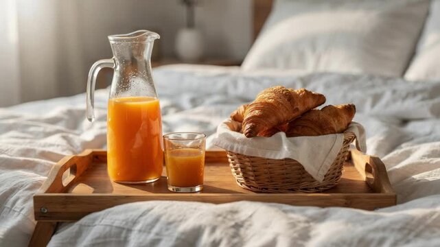 Cozy morning scene featuring a tray with a glass carafe of fresh juice and a croissant basket on a softly rumpled bed with blurred background.