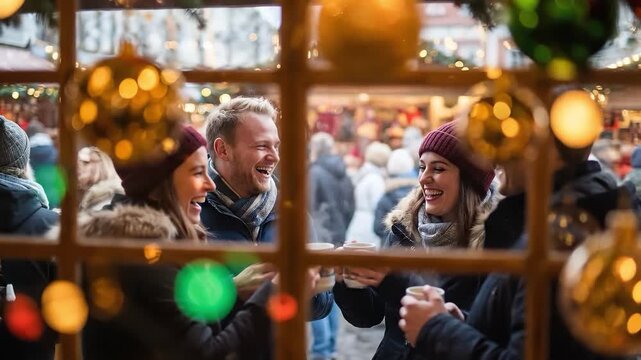 Cozy friends laugh at festive Christmas market with hot drinks in hand.