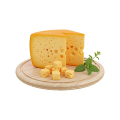 Delicious Cheese Wedge and Cubes on Wooden Board with Mint