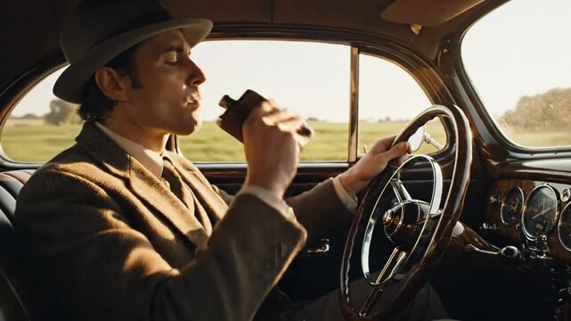 Man in classic car, drinking from a flask, driving on a sunny day. Interior, wooden details