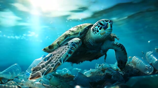 sea turtle swims through plastic debris, sunlit turquoise water, bottles and bags on seabed, closeup of green sea turtle gliding over polluted reef, frames show feeding attempt, slow ascent