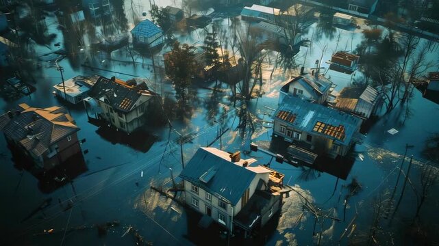 aerial winter flood over suburban houses, drone survey captures icy water, roof damage, scattered debris, reflective pools, long dusk shadows, emergency planner mapping evacuation routes,