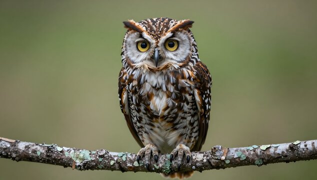 Beautiful long-eared owl perched on a branch looking directly at the camera in nature