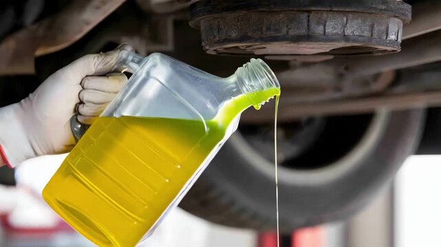 Mechanic applying fluorescent dye to transmission fluid for leak detection under bright garage lighting