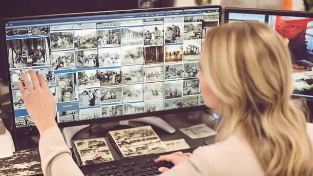 Medium shot of a digital archivist organizing and converting scanned photos into JPEG format on a workstation optimizing for easy sharing and online storage