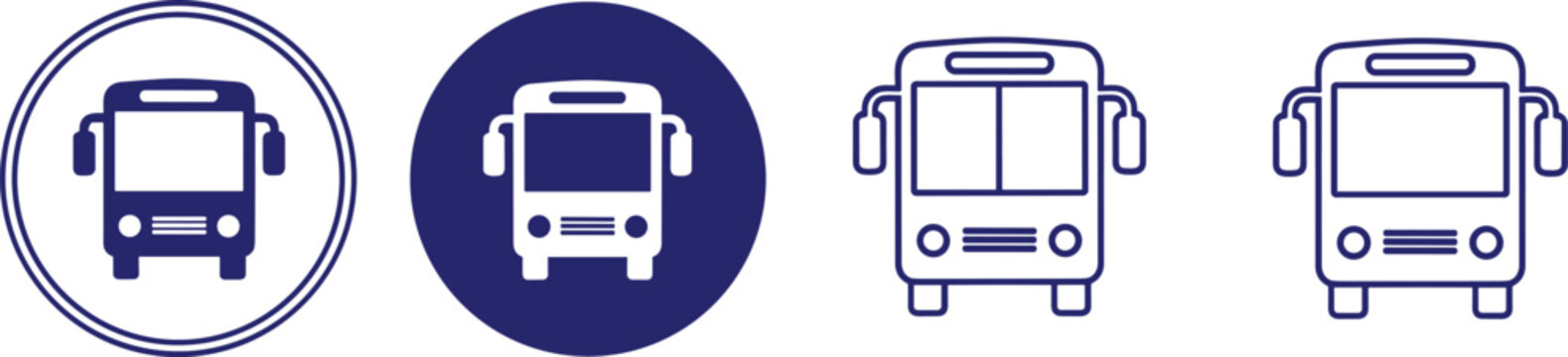 Set of four bus icons, two filled and two outline, depicting front view of public transport vehicle