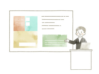 困った表情でスクリーンやホワイトボードを使って説明をする男性-水彩