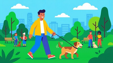 Fototapeta premium Happy Man Walking Dog on Leash in Green City Park Illustration