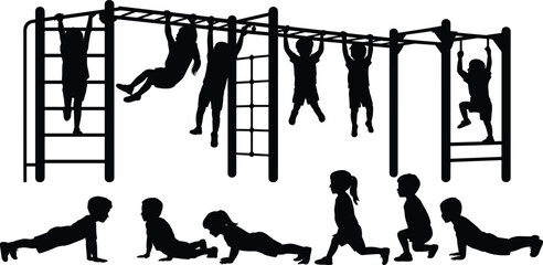 Children playground fitness activity silhouettes, kids climbing monkey bars, hanging and exercising outdoors, healthy childhood sport training vector illustration © SreeRupali