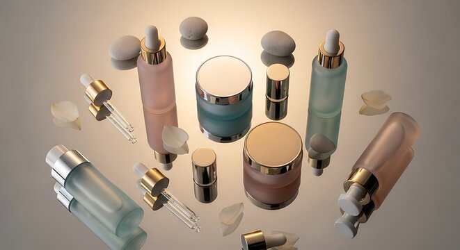 Luxury cosmetic products arranged on a soft neutral background, elegant glass bottles and jars with gold accents, skincare and beauty concept, minimal aesthetic, soft lighting, high-end branding, prem