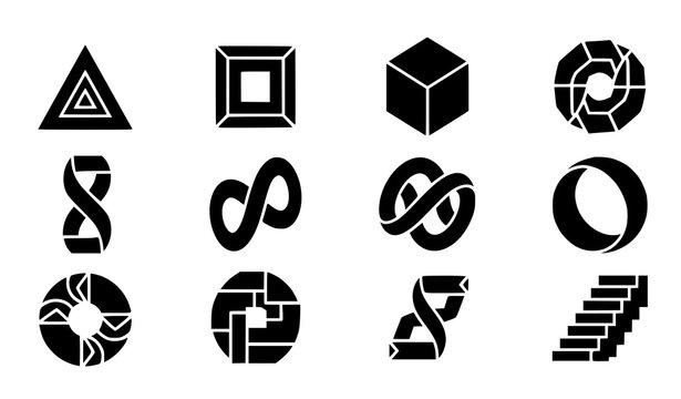 Impossible shapes glyph set vector black optical illusion objects isolated on transparent background