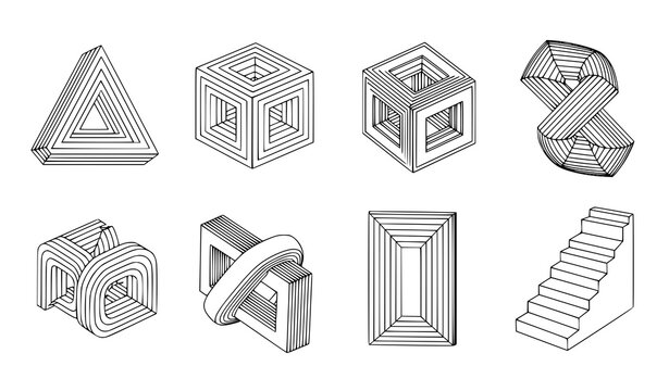 Futuristic impossible shapes wireframe set vector optical illusion objects isolated on transparent background