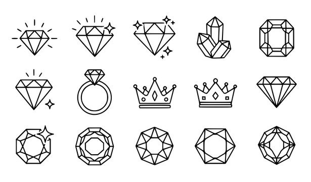 Gemstone rounded line icon set vector diamond jewel crystal luxury symbols isolated on transparent background