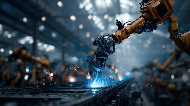 Automated Robotic Arm Welding Metal Part with Blue Electric Arc Video.