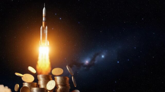 Rocket Taking Off From Stack Of Gold Coins Financial Growth Investments In Space With The Starry Cosmos Used For Concept Illustrations Financial Advertising Presentations