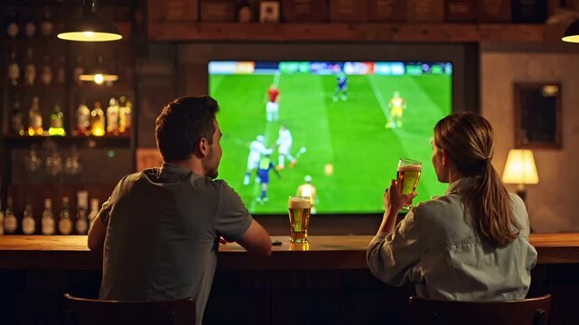 スポーツバーのカウンター席に並んで座る白人男女の後ろ姿。
正面のテレビにはサッカーの試合映像、手前にはビールグラス。
暖色照明と木製カウンター、レンガ壁が生む夜の雰囲気。