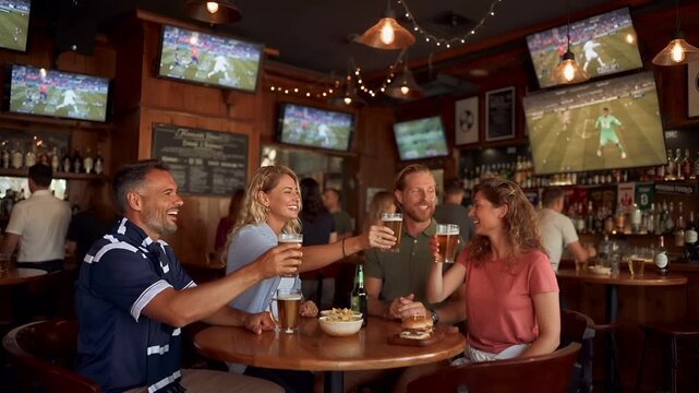 スポーツバーの店内でサッカーの勝利を祝う友人グループ。
大型テレビに映る試合を背景に、ビールで乾杯し歓喜する瞬間。
暖色照明と木目テーブル、レンガ壁が生む温かい空間。