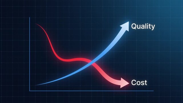 Business chart showing rising quality and falling cost, symbolizing quality improvement and cost reduction, efficiency and performance optimization. Successful business strategy and management